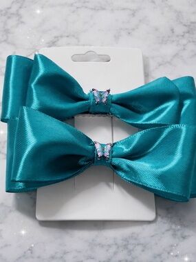 Teal Satin Butterfly Bow Hair Clips - Set of 2